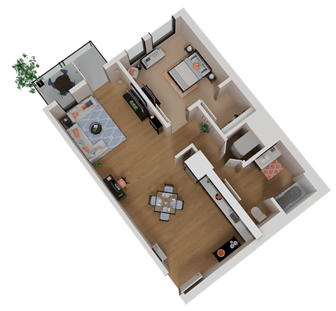 Floor plan for 1 bed, 1 bath, 688 sqft